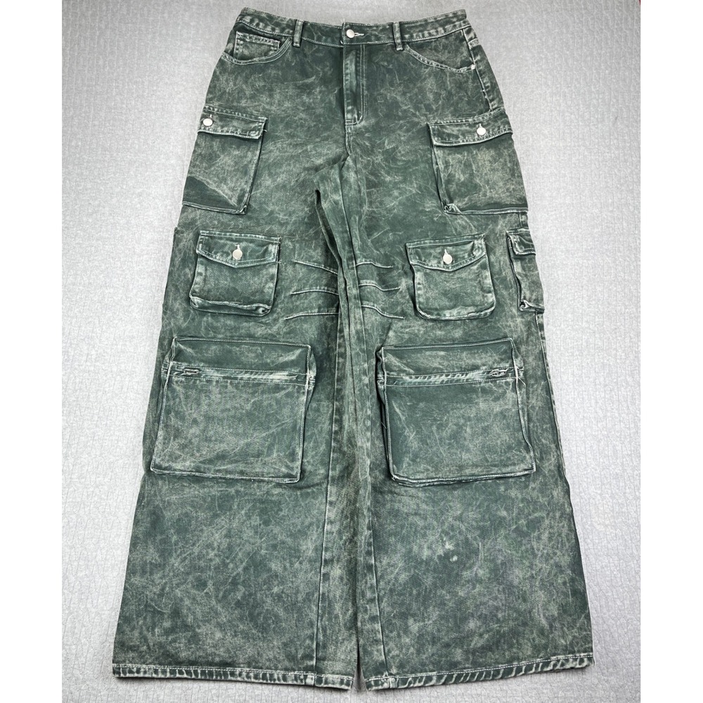 Y2K 90s Crazy Baggy Wide Leg Cargo Jeans Women 15/34X34 Green Fashion Nova
